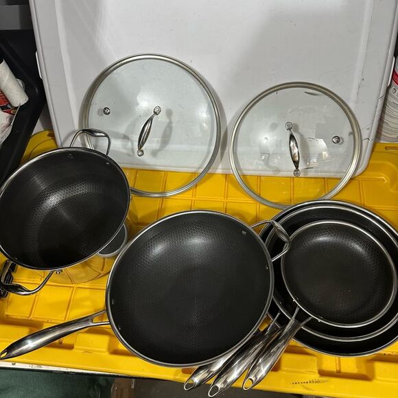 HEXCLAD 7 Piece Nonstick Stainless Steel Pot/Pan Set 8 10 12" Lids Wok $800 - Picture 1 of 11
